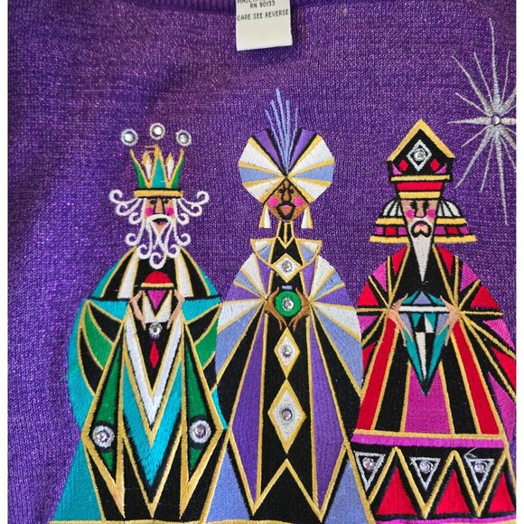 Bob Mackie Wearable Art Purple Sweater With Geometric Designs & Metallic Thread - Picture 3 of 9